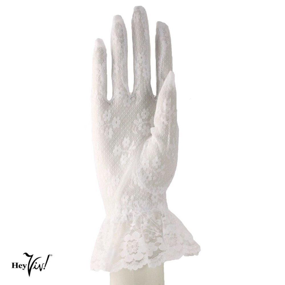White Lace Gloves Wrist Length w Ruffle Dressy Weddings Party Bridal Prom